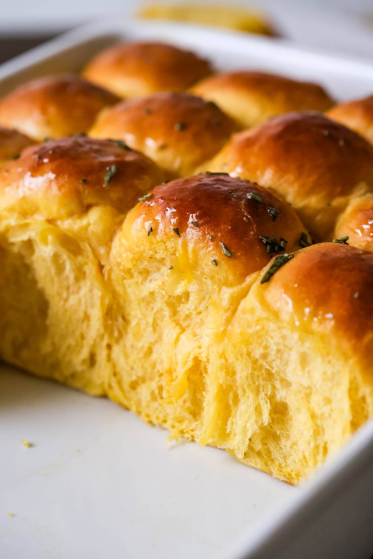 Side-view of dinner rolls made with sweet potatoes in a baking sheet.