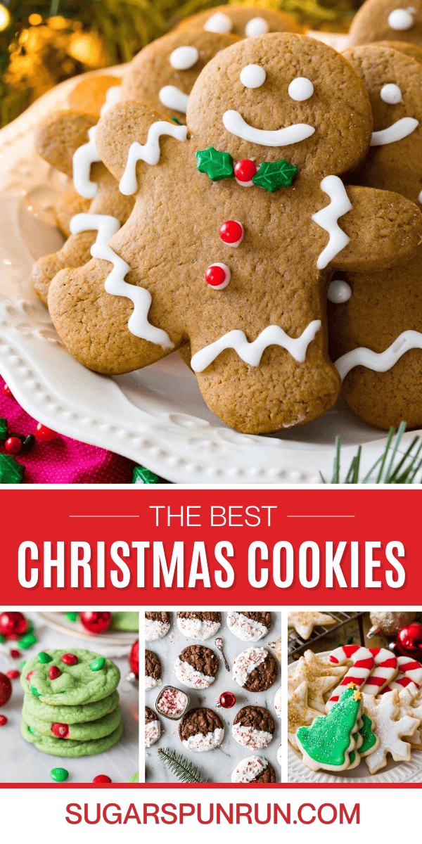 Collage of the best Christmas cookie recipes including gingerbread cookies, snowball cookies, Grinch cookies, peppermint bark cookies, and sugar cookies.