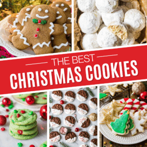Square collage of Christmas cookie recipes including gingerbread cookies, snowball cookies, Grinch cookies, peppermint bark cookies, and sugar cookies.