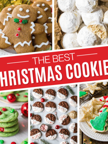 Square collage of Christmas cookie recipes including gingerbread cookies, snowball cookies, Grinch cookies, peppermint bark cookies, and sugar cookies.