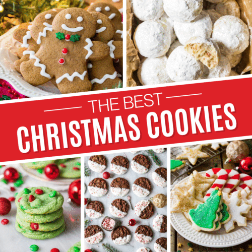 Square collage of Christmas cookie recipes including gingerbread cookies, snowball cookies, Grinch cookies, peppermint bark cookies, and sugar cookies.