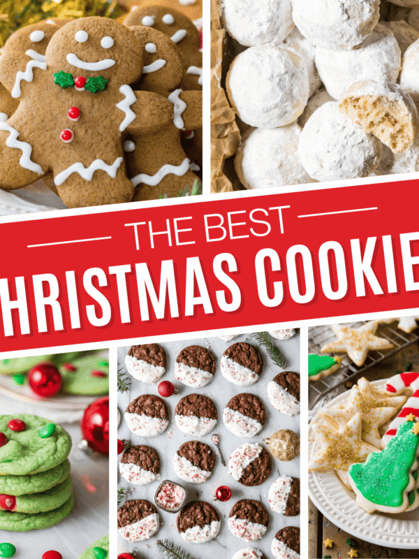 Square collage of Christmas cookie recipes including gingerbread cookies, snowball cookies, Grinch cookies, peppermint bark cookies, and sugar cookies.
