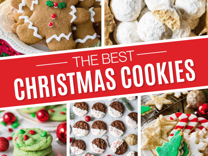 Square collage of Christmas cookie recipes including gingerbread cookies, snowball cookies, Grinch cookies, peppermint bark cookies, and sugar cookies.