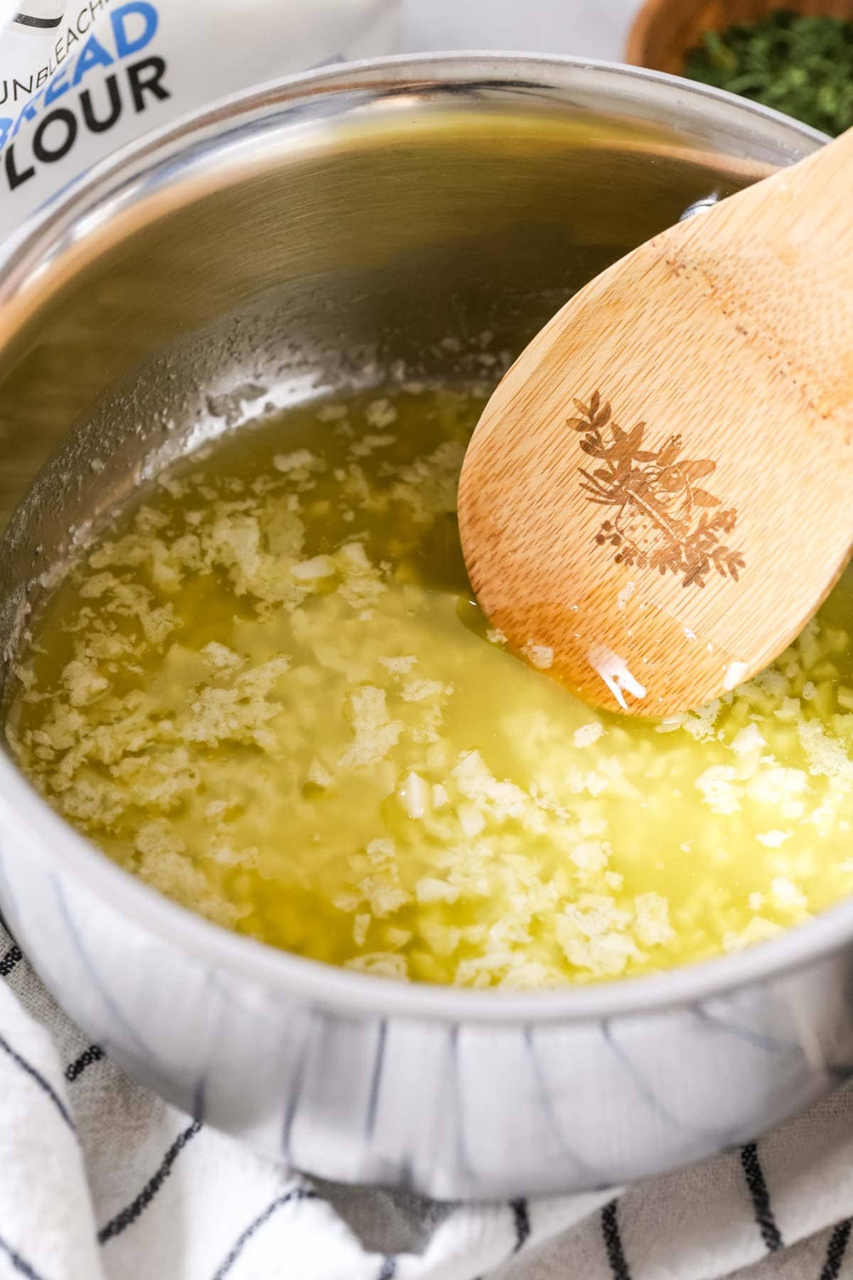 Garlic butter cooking in a saucepan.