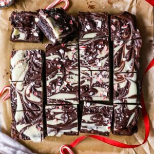 Overhead view of peppermint bark brownies just after cutting.