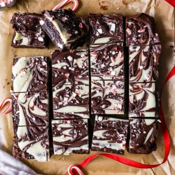 Overhead view of peppermint bark brownies just after cutting.