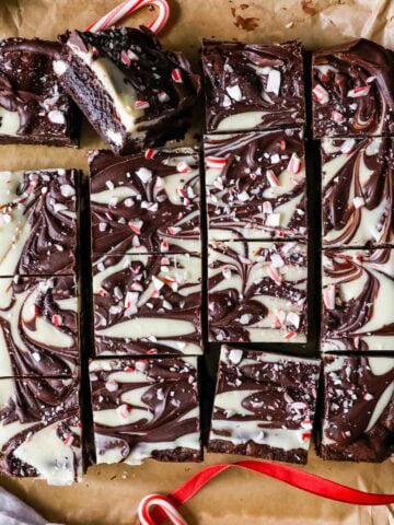 Overhead view of peppermint bark brownies just after cutting.
