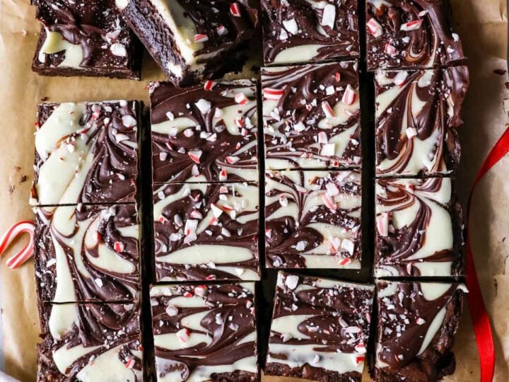 Overhead view of peppermint bark brownies just after cutting.