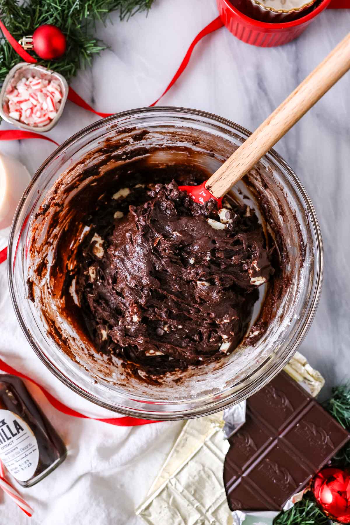 Overhead view of a bowl of brownie batter in a bowl.