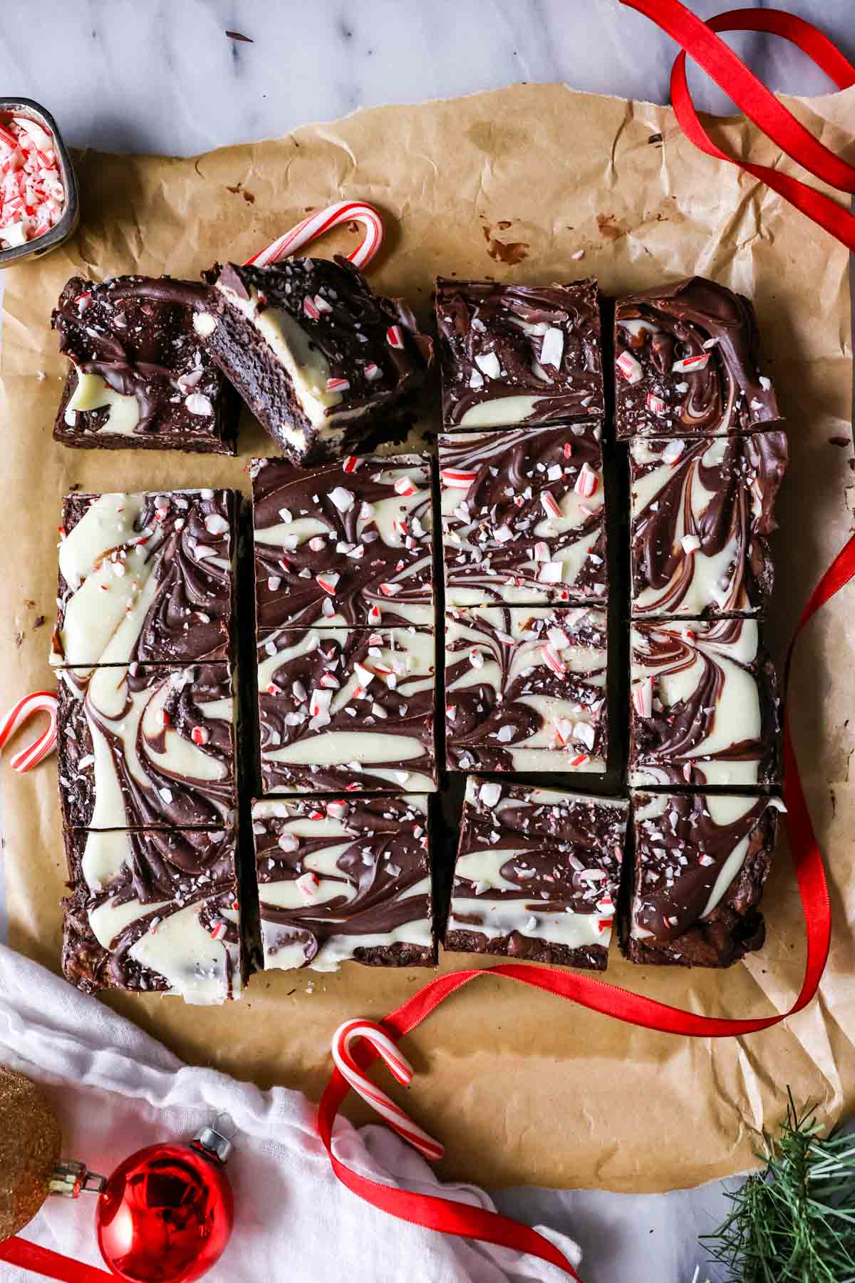Overhead view of peppermint bark brownies just after cutting.