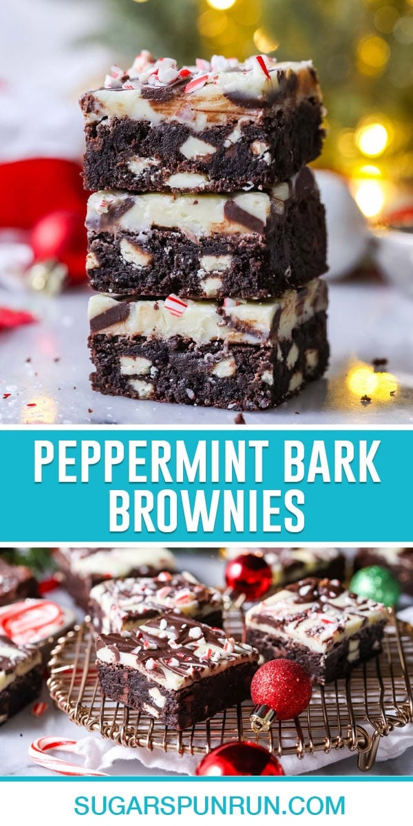 collage of peppermint bark brownies, top image of three brownies stacked, bottom image of three brownies neatly placed on gold cooling rack.