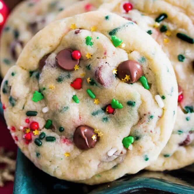 Funfetti Christmas cookie made with chocolate chips and Christmas sprinkles.