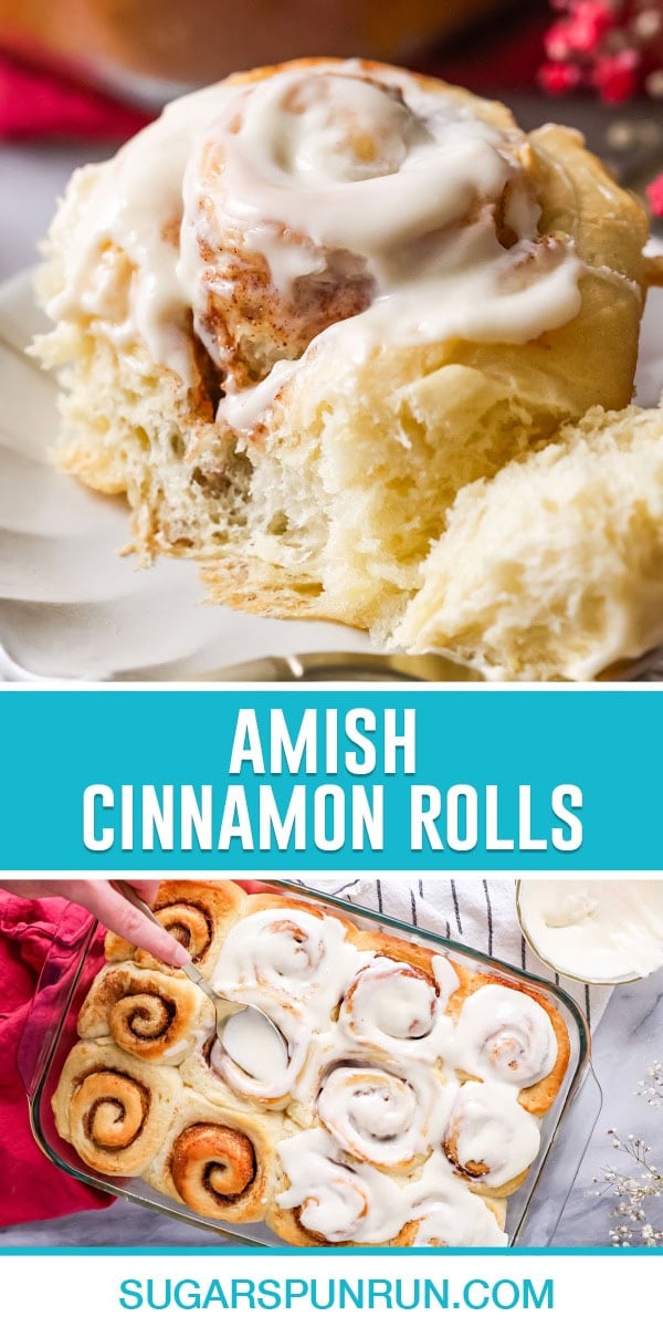 Collage of Amish Cinnamon Rolls, Top image of single roll, bottom image of full pan being iced