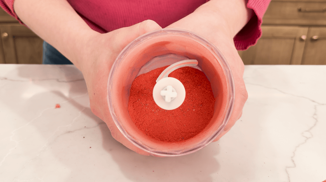 Freeze dried strawberry powder in a mini food processor.
