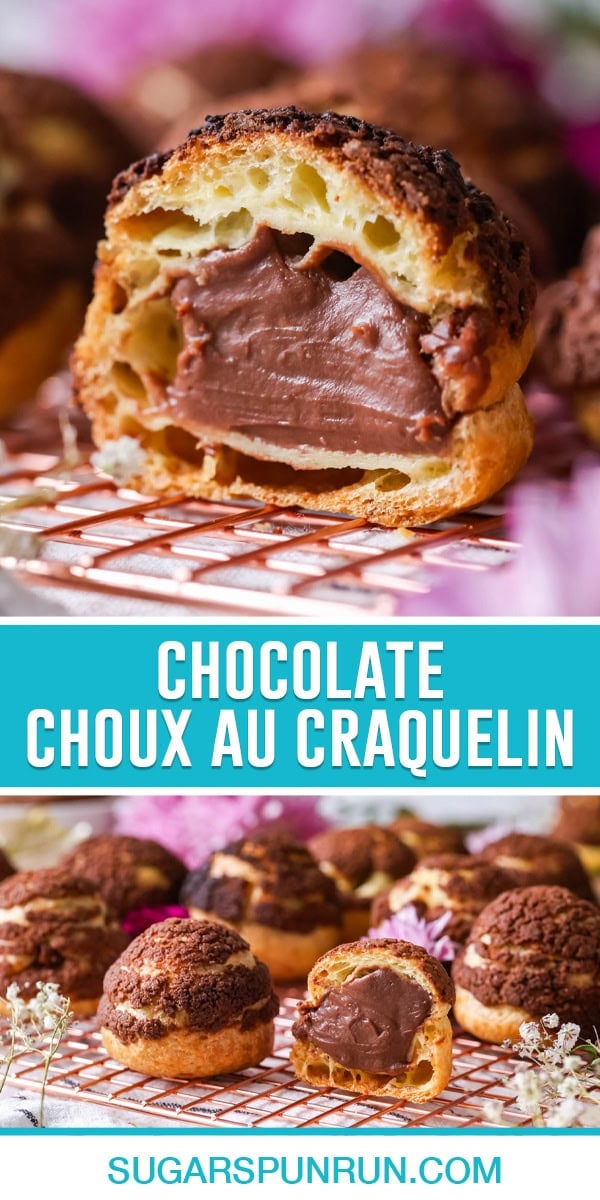 collage of chocolate choux au craquelin, top image is a close up showcasing chocolate center, bottom image of multiple of rose gold cooling rack