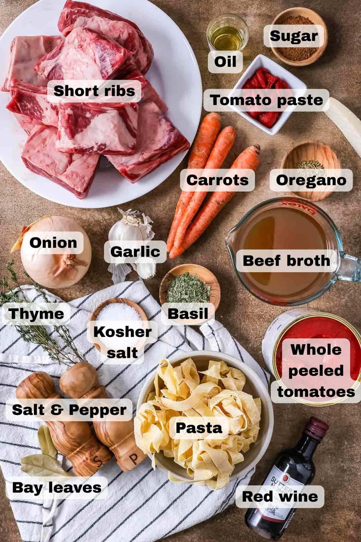 Overhead view of ingredients including short ribs, carrots, potatoes, and more.
