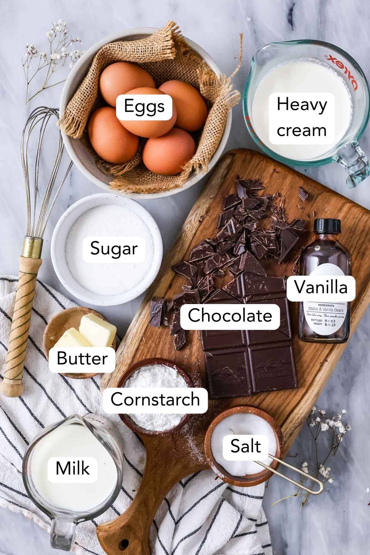 Overhead view of ingredients including chocolate, butter, eggs, cream, and more.