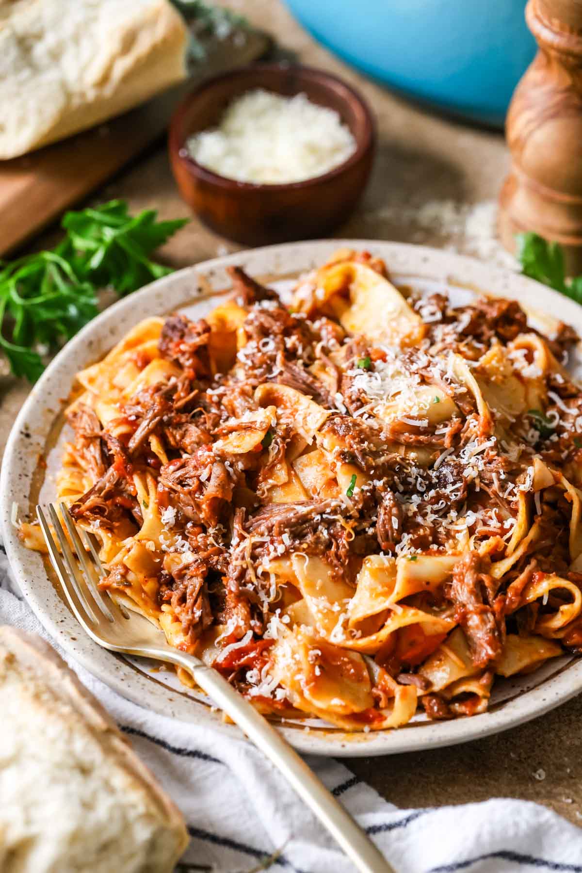 Plate of short rib ragu  over pappardelle pasta topped with grated parmesan cheese.