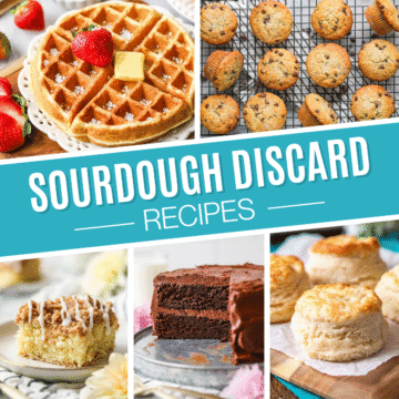 Collage of sourdough discard recipes including waffles, chocolate cake, biscuits, and more.