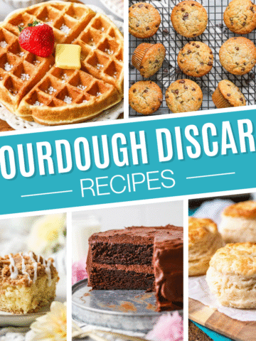 Collage of sourdough discard recipes including waffles, chocolate cake, biscuits, and more.