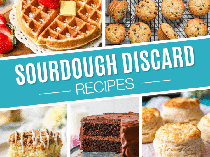 Collage of sourdough discard recipes including waffles, chocolate cake, biscuits, and more.