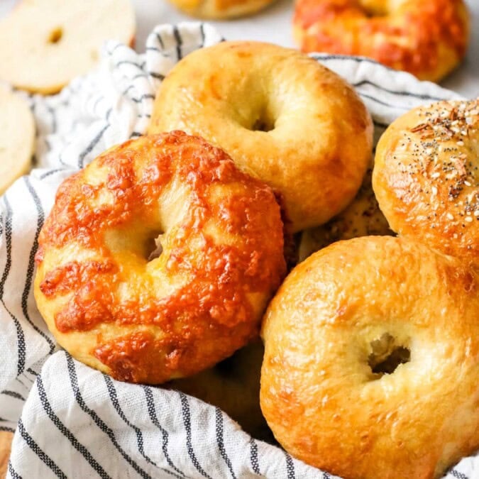 Close-up view of sourdough bagels of vary flavors, including plain, cheese, and everything.