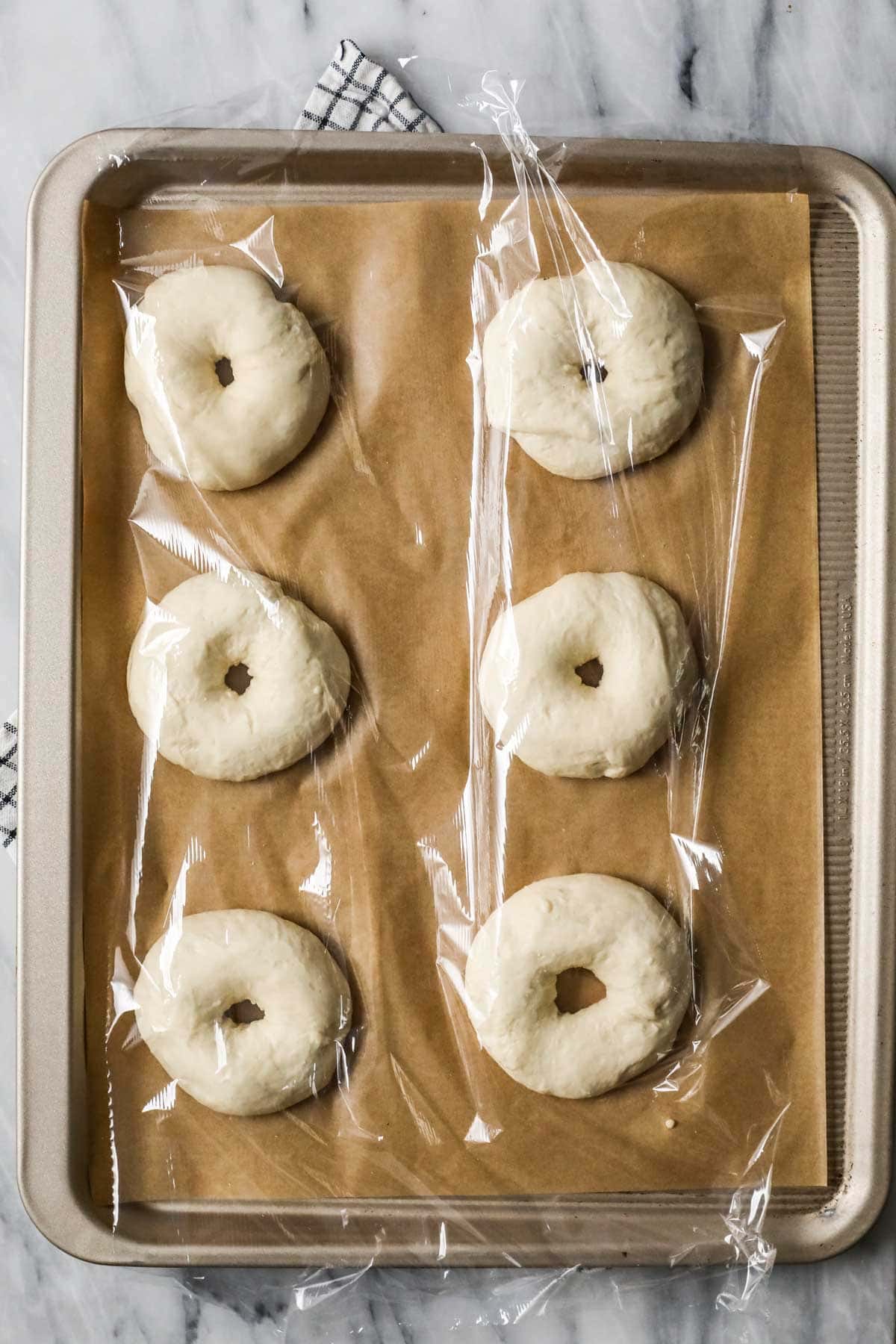 Overhead view of bagels proofing under plastic wrap.
