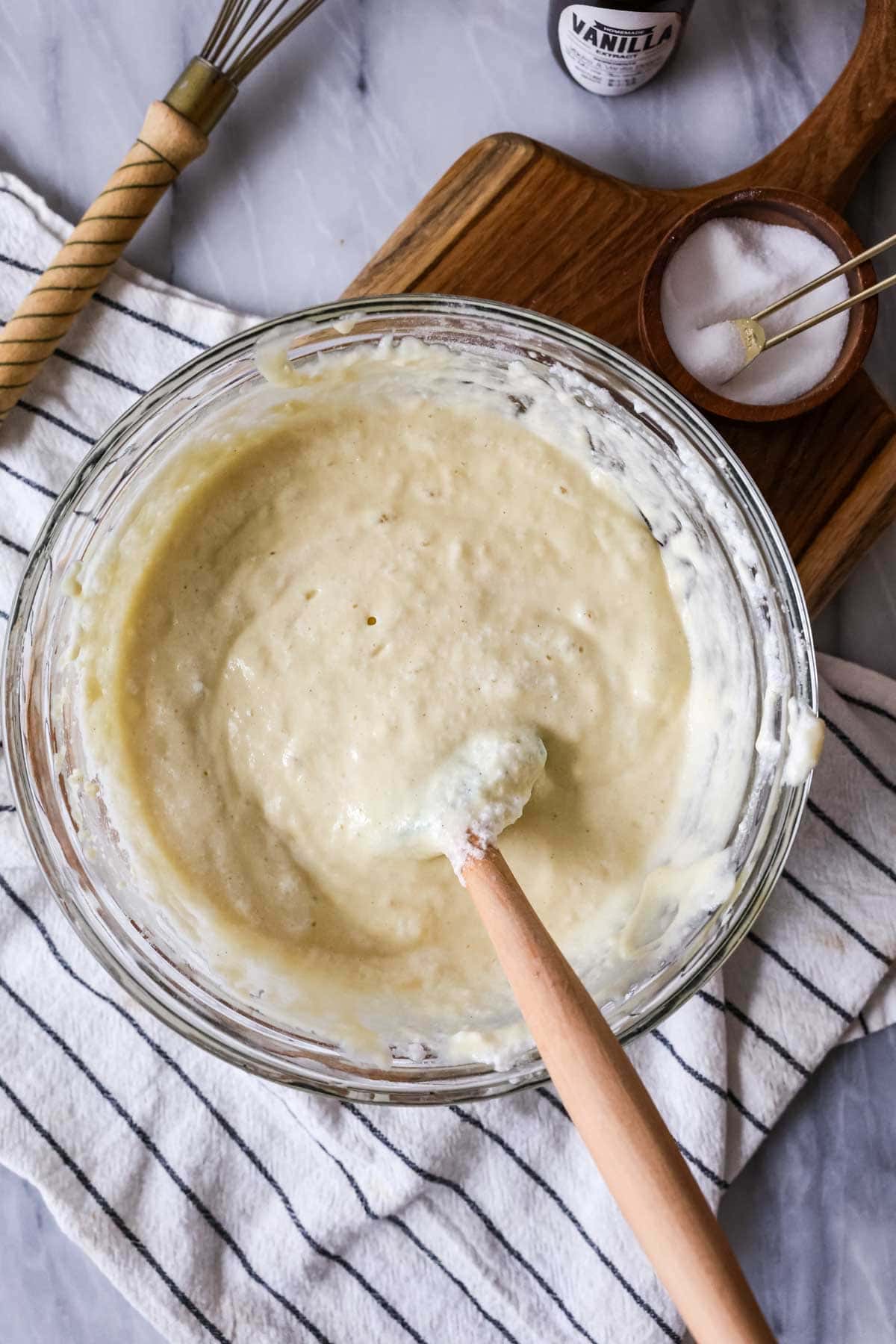 Smooth sourdough waffle batter after folding in whipped egg whites.