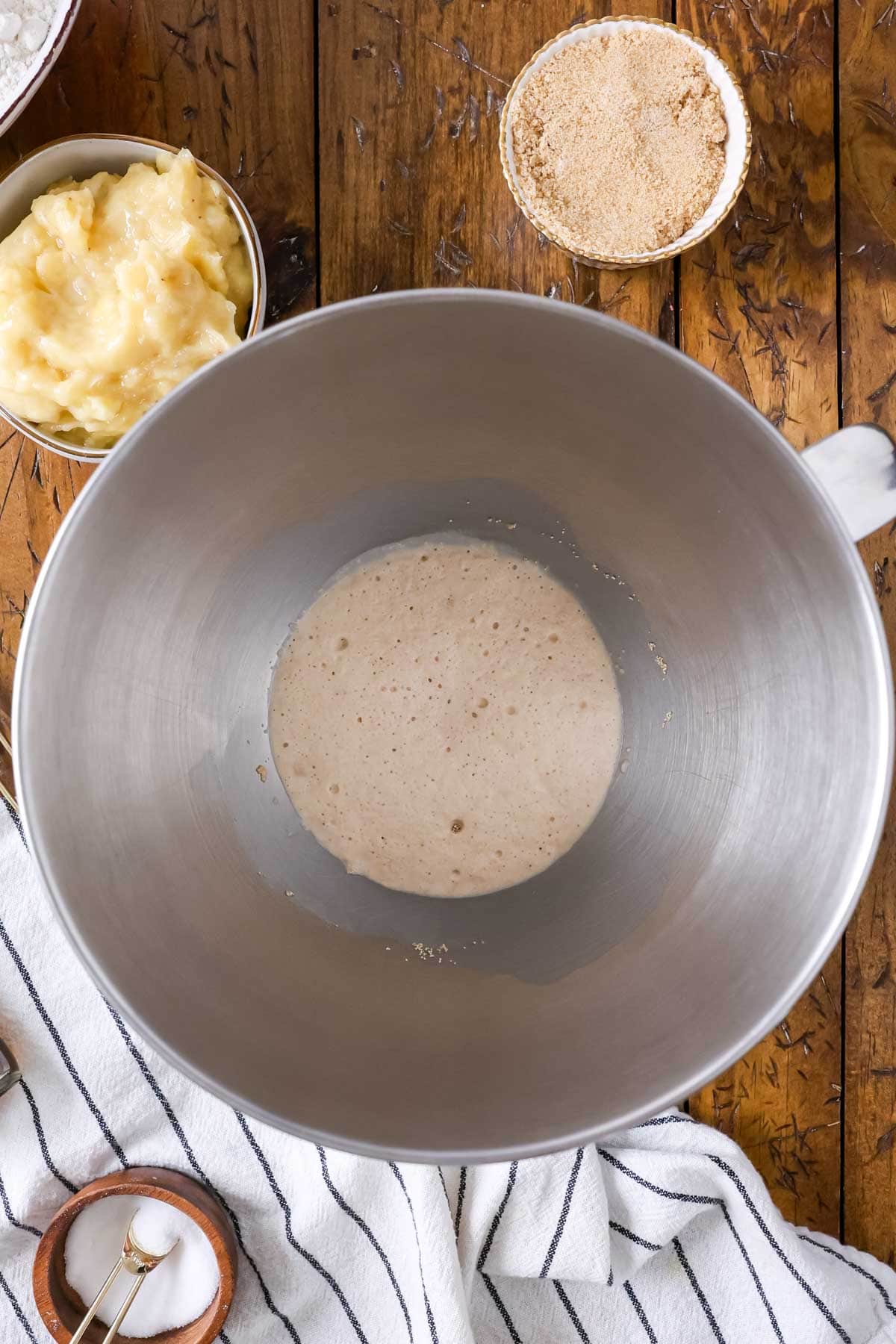 Overhead view of proofed yeast in a mixing.