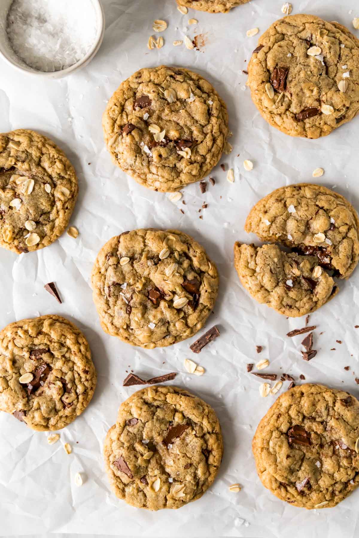 Overhead view of chocolate chip cookies with oats.