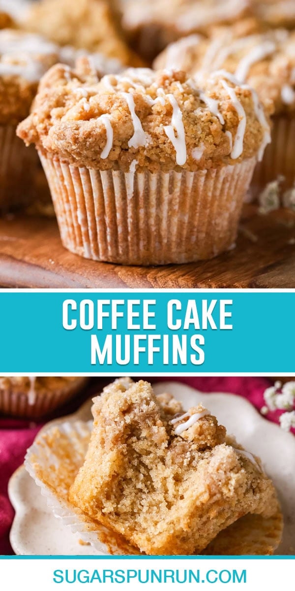 collage of coffee cake muffins, top image is a single muffin photographed close up, bottom image of single muffin on its side with bite taken out