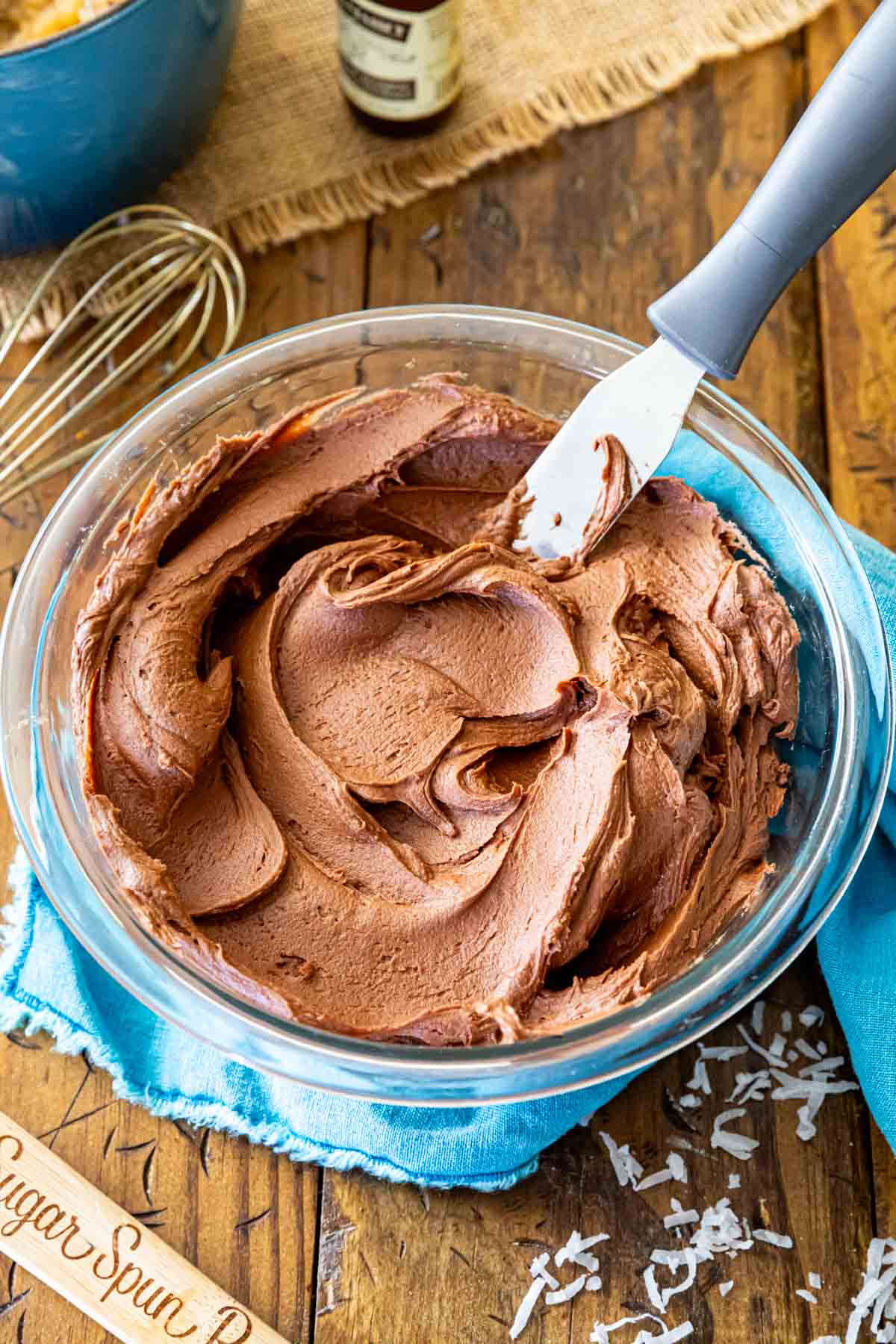 Bowl of chocolate frosting.