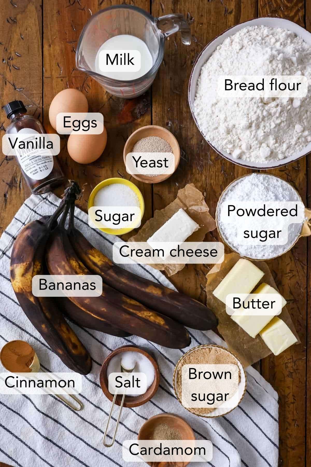 Overhead view of ingredients needed for banana cinnamon roll recipe.
