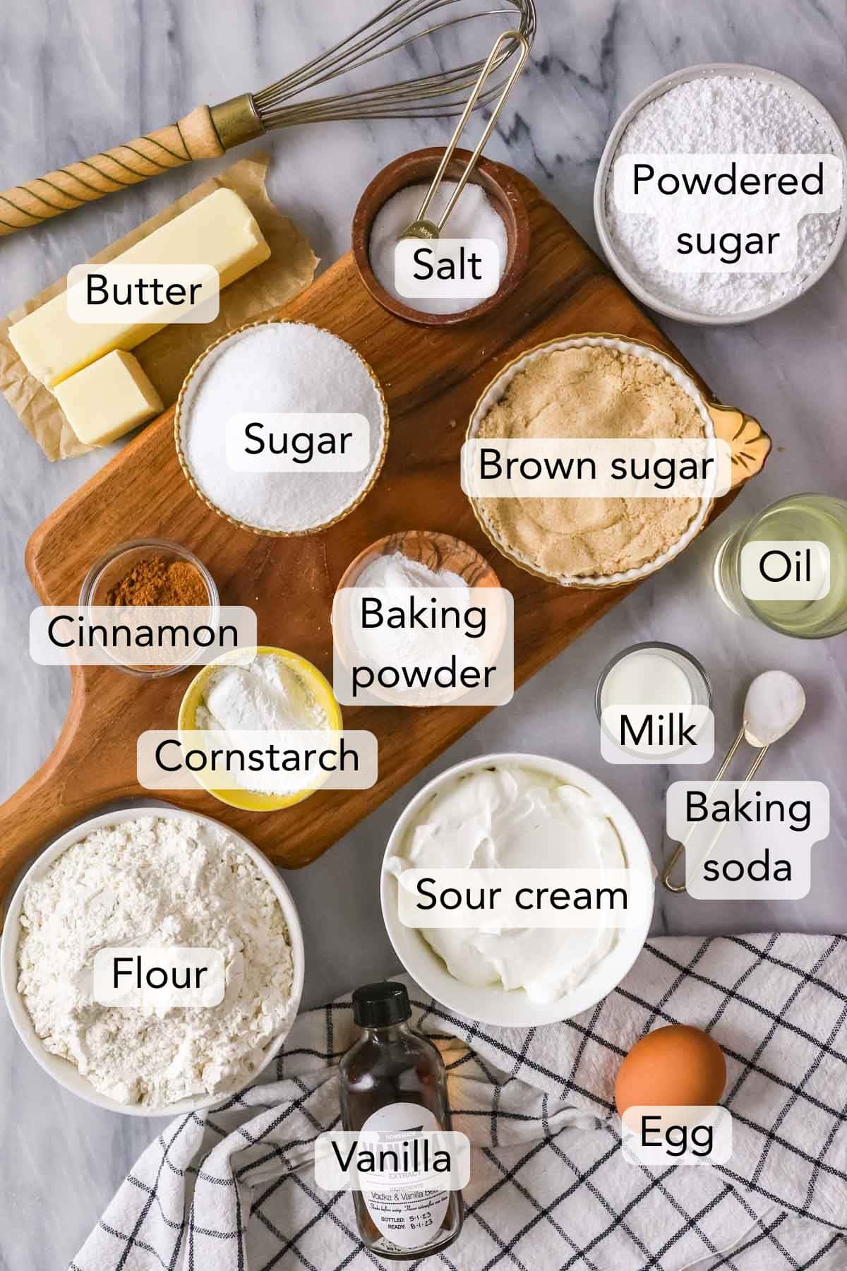 Overhead view of ingredients including brown sugar, flour, butter, and more.