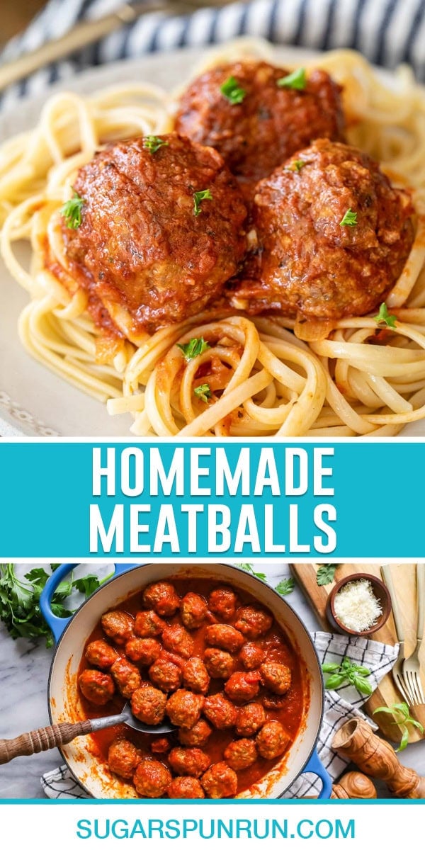 collage of homemade meatballs, top image of three meatballs on top of spaghetti, bottom image of pot full of meatballs with serving spoon