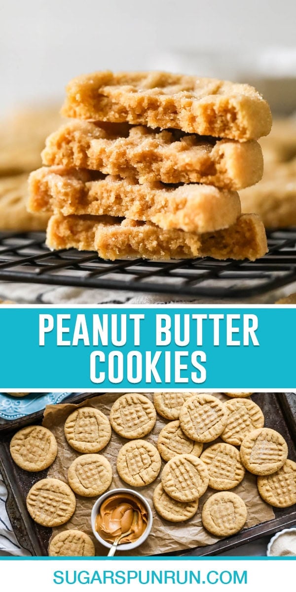 Collage peanut butter cookies, top image of two cookies broken in half and stacked, bottom image is a birds eye view of cookies baked on baking sheet
