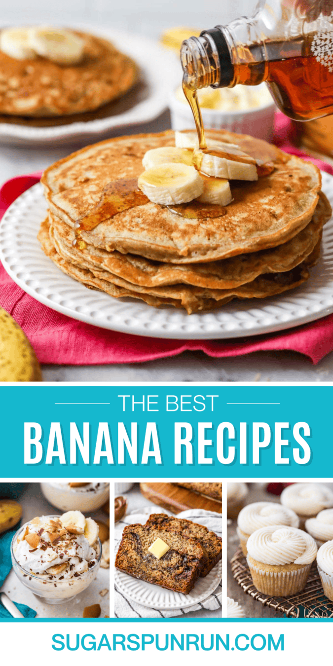 Collage pinterest image of banana recipes including banana pancakes, banana pudding, banana bread, and banana cupcakes.