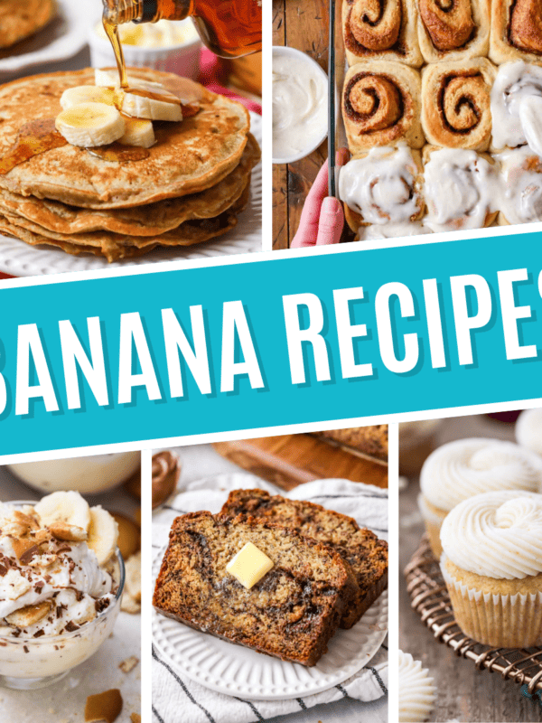 Square collage of banana recipes including banana pancakes, banana cinnamon rolls, banana pudding, banana bread, and banana cupcakes.