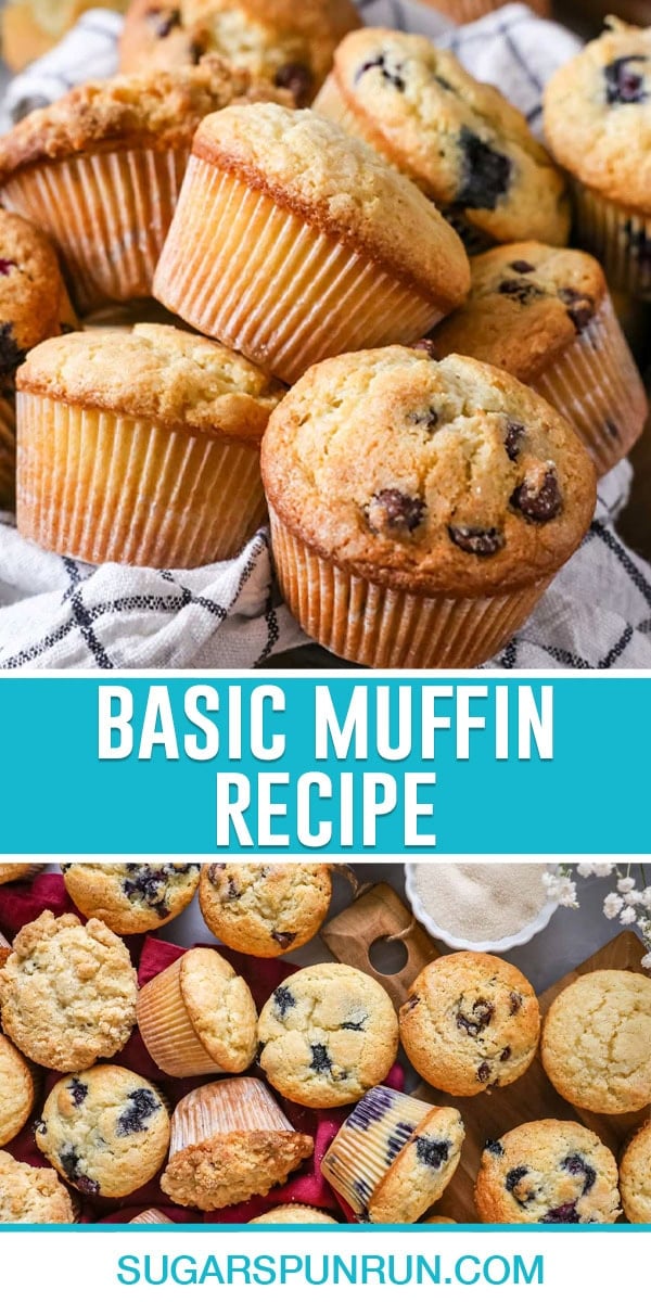 collage of basic muffin recipe, top image of multiple muffins close up, bottom image of multiple muffins photographed from above.