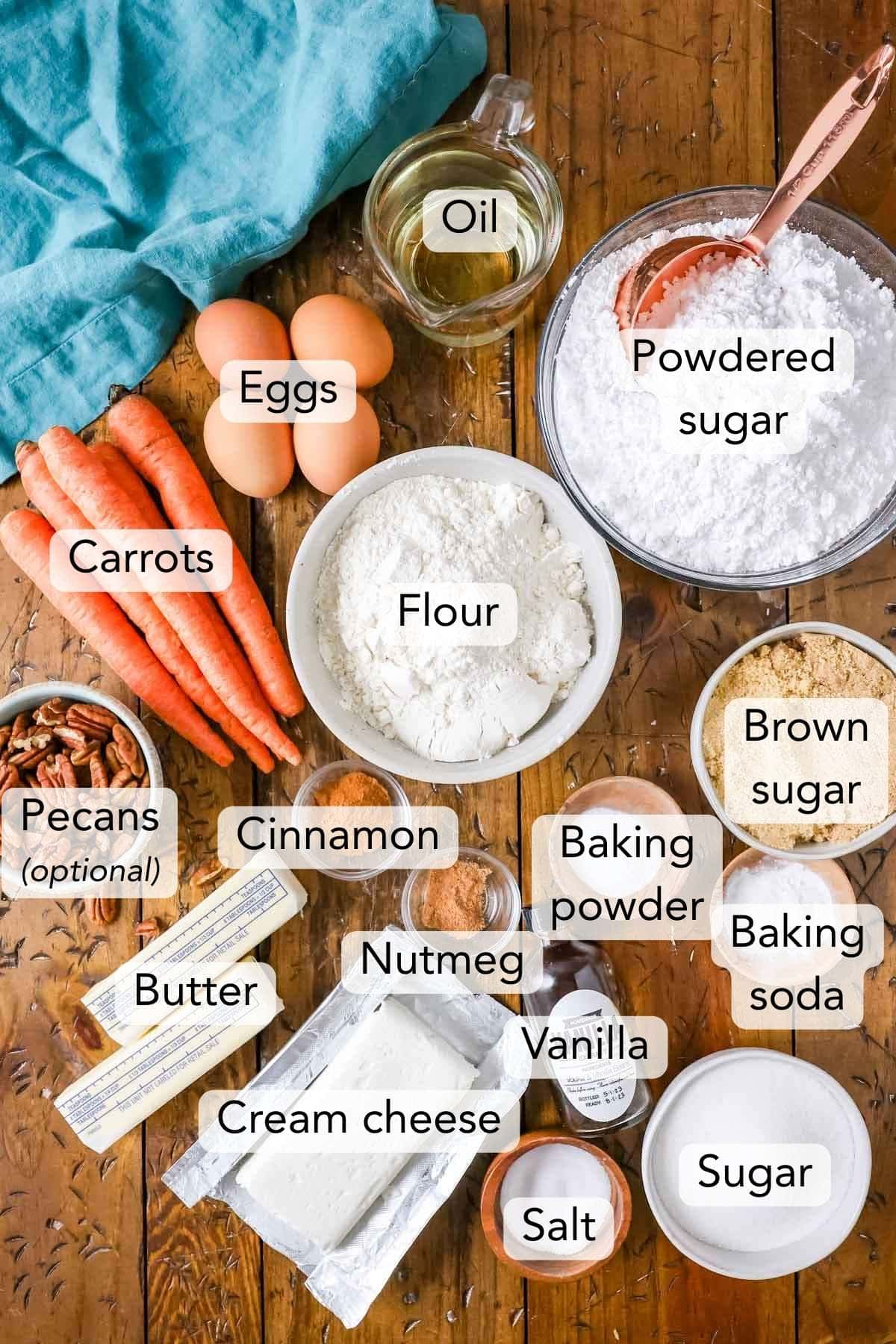 Overhead view of the ingredients (labeled) needed for my carrot cake recipe.