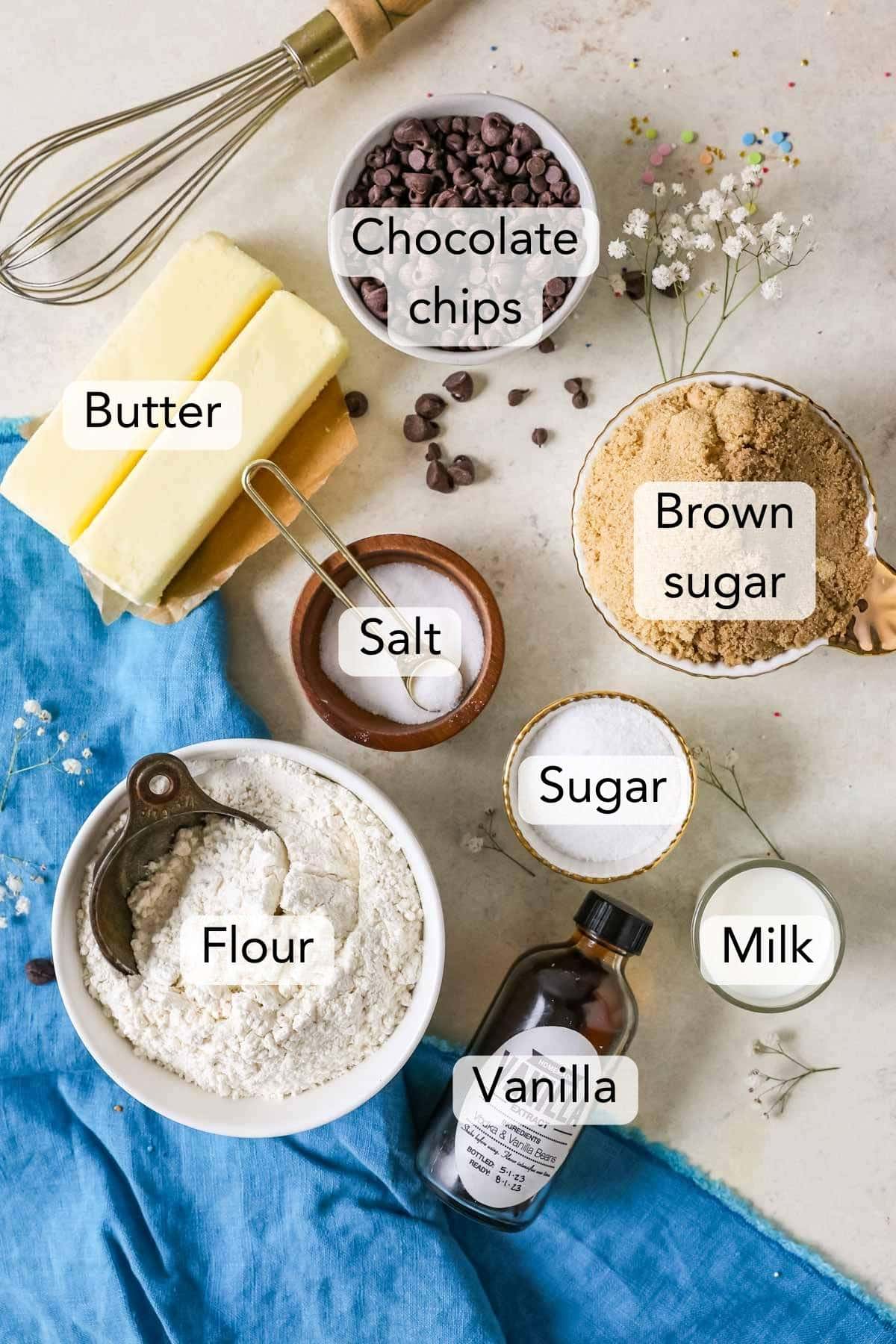 Overhead view of the ingredients needed for this edible cookie dough recipe.