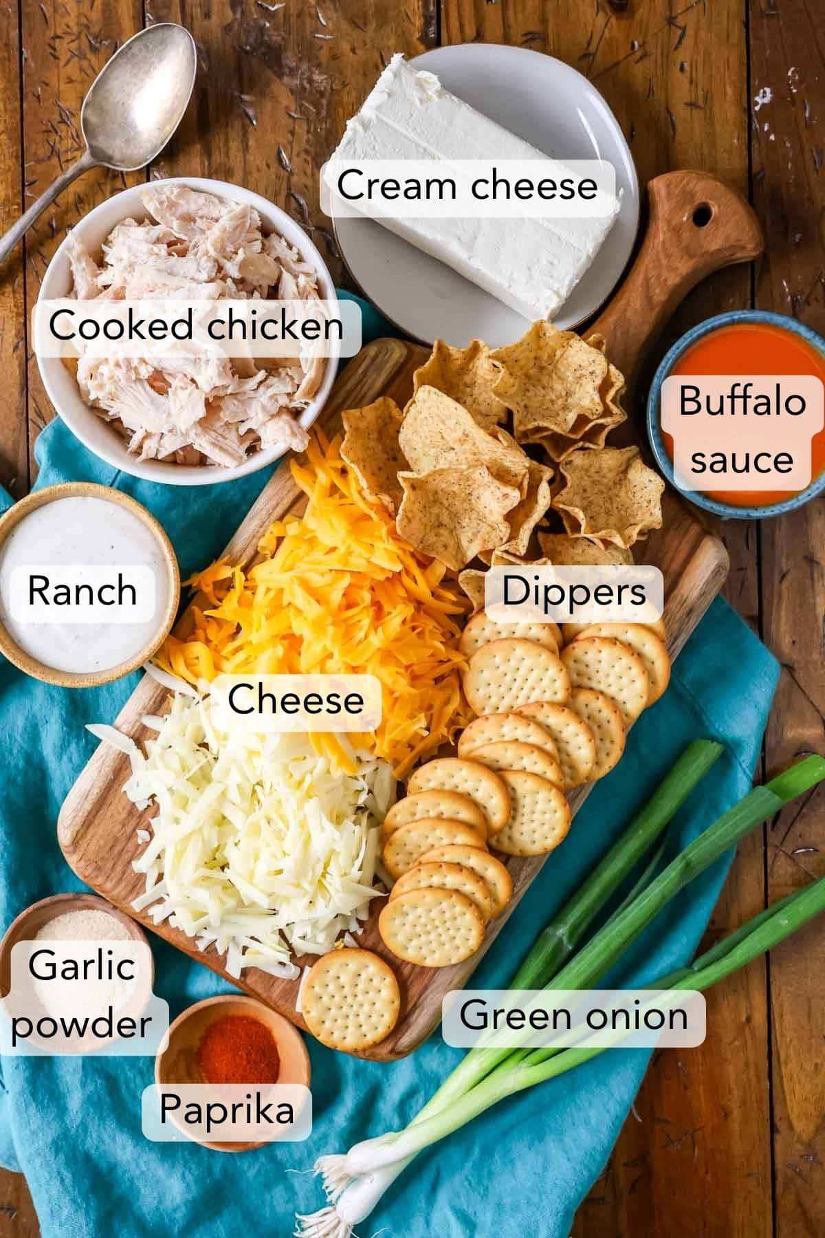 Overhead view of the ingredients used to make my buffalo chicken dip recipe.
