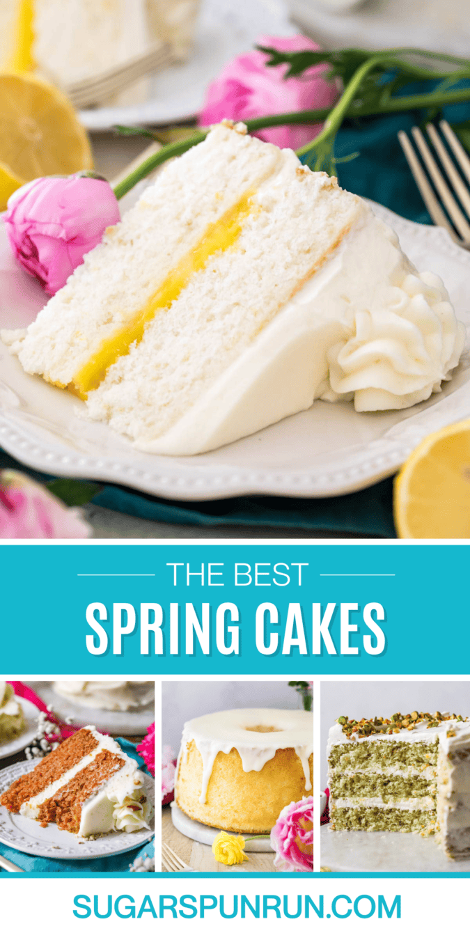 Collage of spring cake recipes for Pinterest including lemon cake, carrot cake, chiffon cake, and pistachio cake.