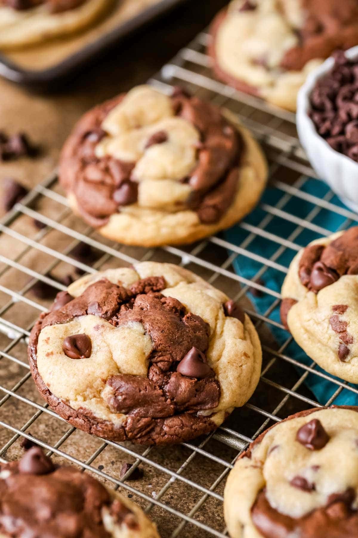 Overhead view of brookie cookies on a cooling rack.