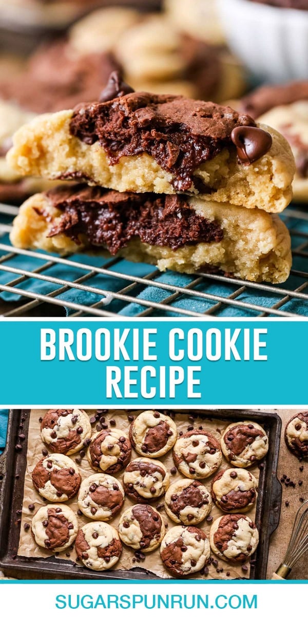 collage of brookie cookie, top image of single cookie stacked and broken open, bottom image of multiple cookies on baking tray