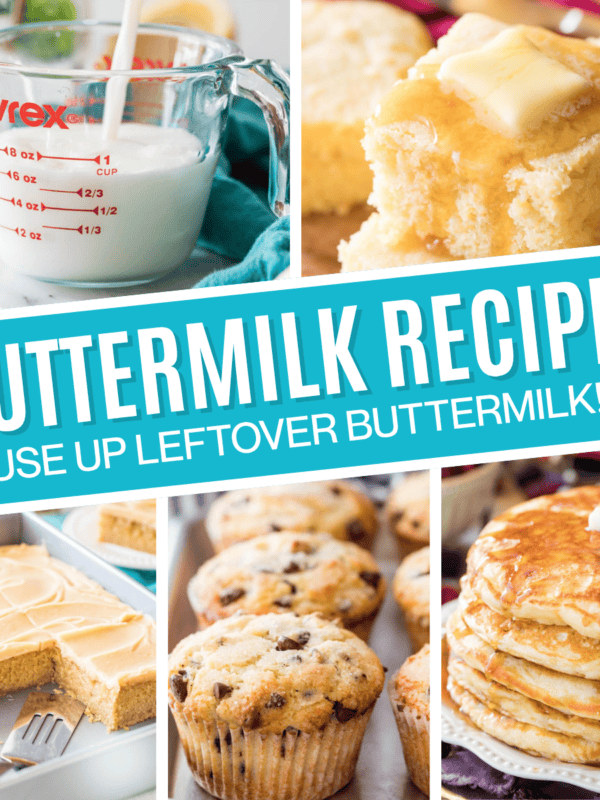 Square collage of buttermilk recipes including buttermilk cornbread, peanut butter sheet cake, chocolate chip muffins, and buttermilk pancakes.