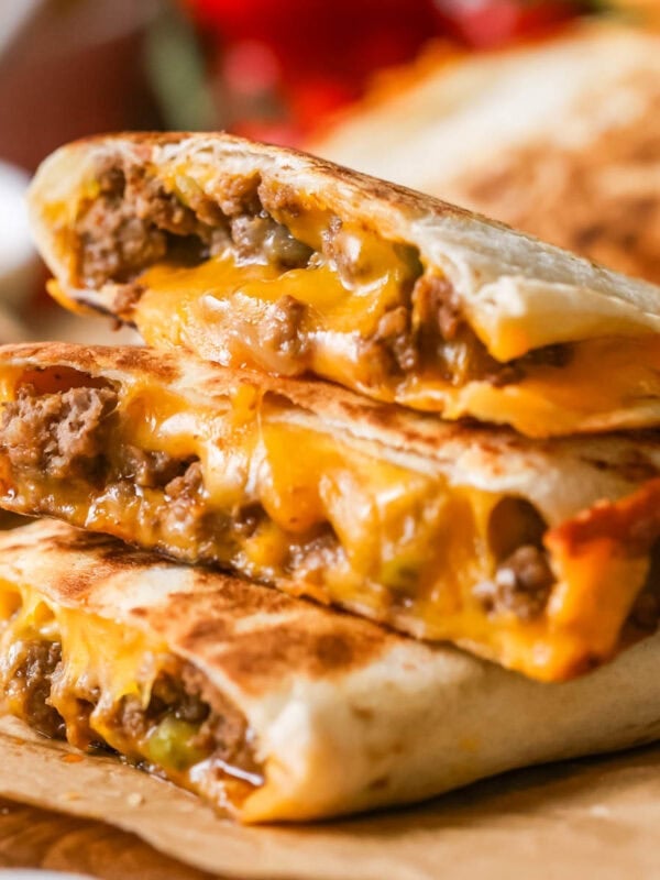 Stack of three cheeseburger quesadillas.