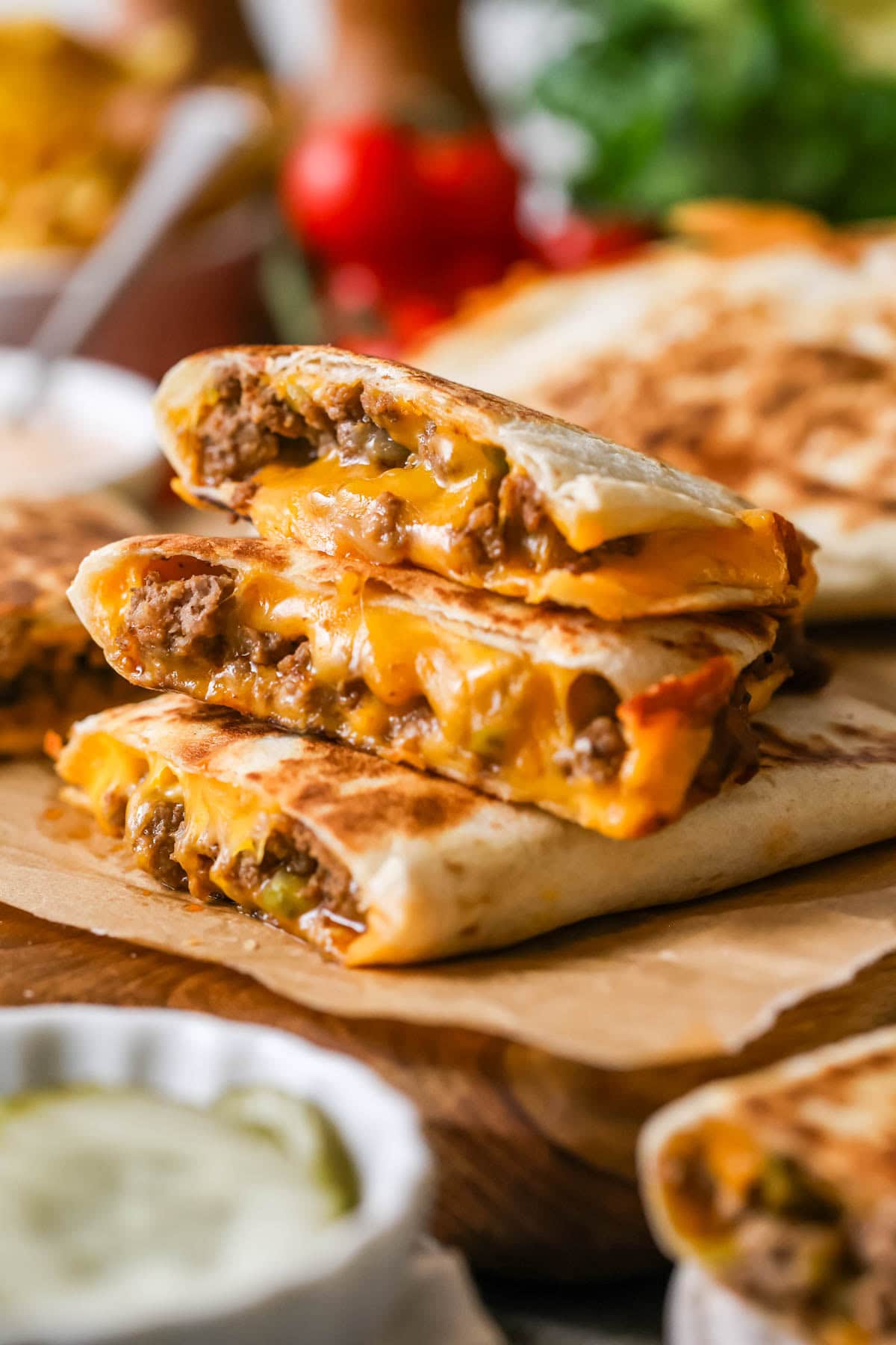 Stack of three cheeseburger quesadillas.