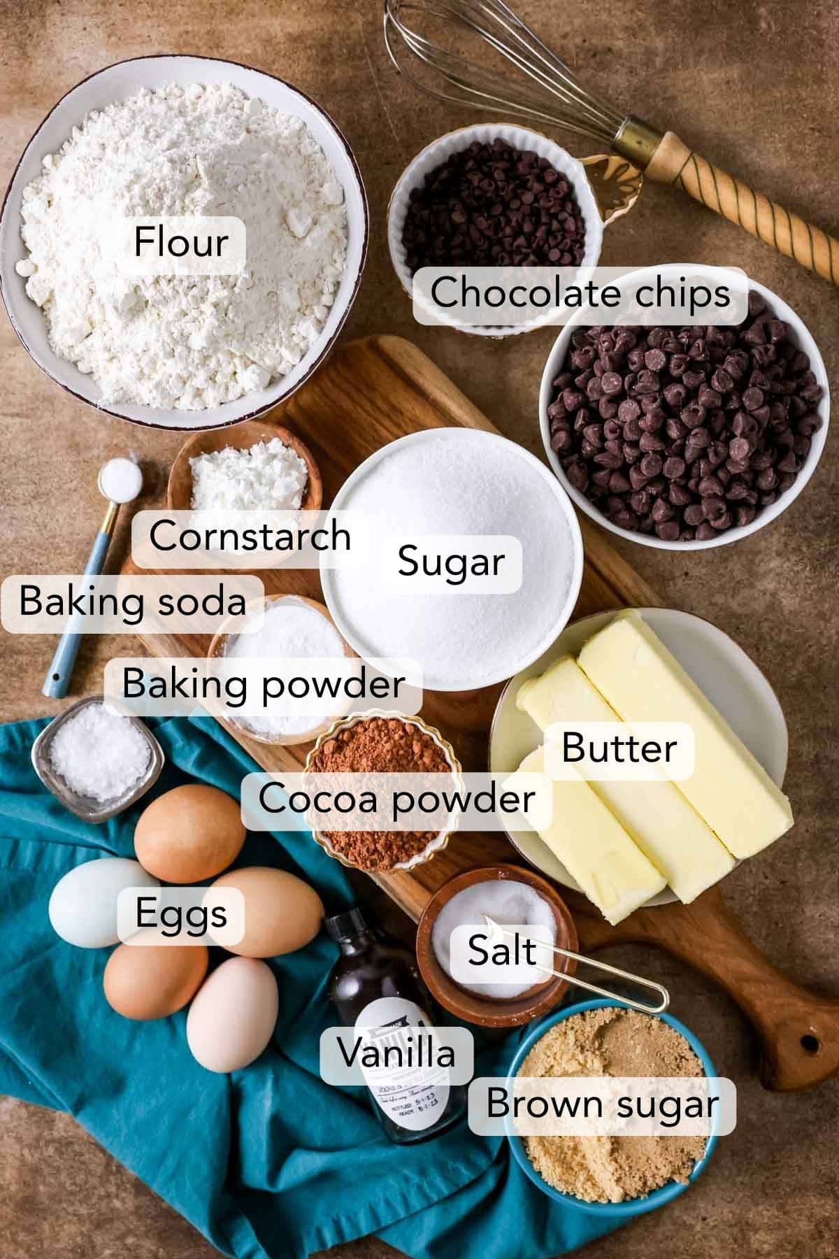Overhead view of ingredients including eggs, cocoa powder, chocolate chips, and more.