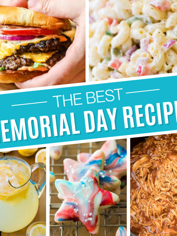 Square collage of Memorial Day recipes including smash burgers, macaroni salad, lemonade, star cookies, and pulled BBQ chicken.